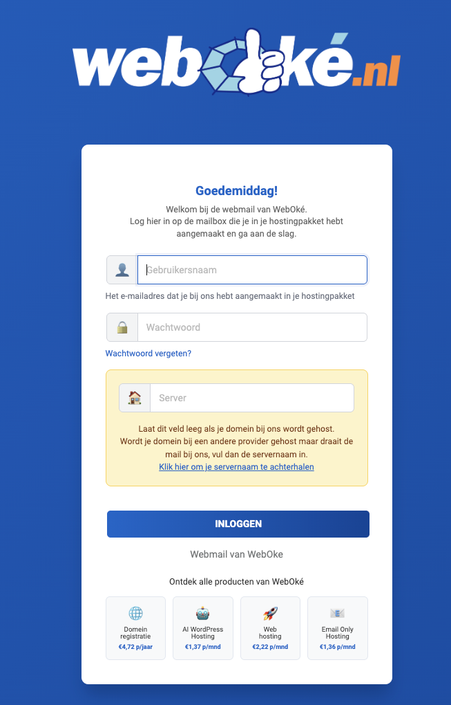 WebOké Webmail login screen