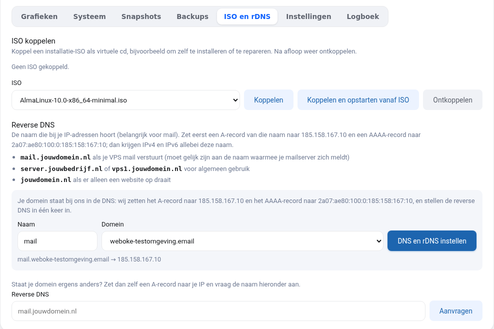 L'onglet ISO et rDNS avec le bloc Reverse DNS