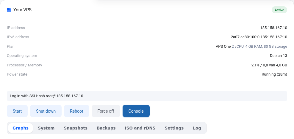 The VPS screen with IP addresses, plan, the buttons and the tabs
